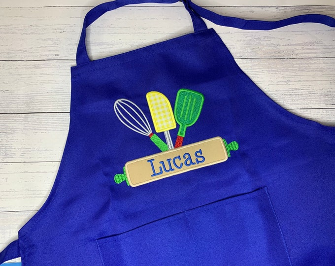 Girls/Boys Personalised embroidered Kids Blue apron - size 3-6 and 7-13 years -Little chef or child birthday gift - free shipping to canada
