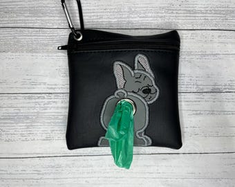 Grey French bulldog Dog poop bag holder - Pet waste bag dispenser - handmade pouch - free shipping to canada - Funny in stocking