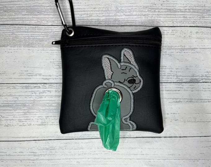 Grey French bulldog Dog poop bag holder - Pet waste bag dispenser - handmade pouch - free shipping to canada - Funny in stocking