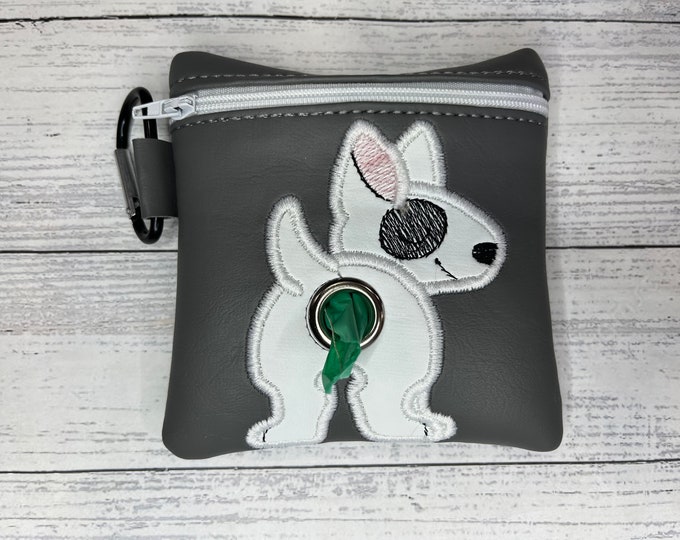 White with black eye Bull terrier Dog poop bag holder - Pet waste bag dispenser - handmade - free shipping to canada