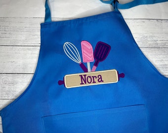Girls/Boys Personalised embroidered Kids Light blue apron size 3-6 and 7-13 years Little chef or child birthday gift free shipping to canada