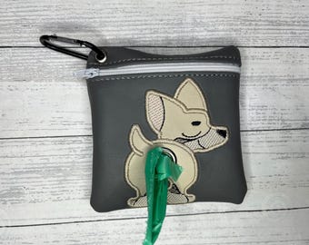 Beige Chihuahua dog poop bag pouch holder - Pet waste bag dispenser - handmade - free shipping to canada