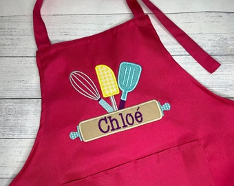 Girls/Boys Personalised embroidered Kids Pink apron - size 3-6 and 7-13 years - Little chef or child birthday gift - free shipping to canada