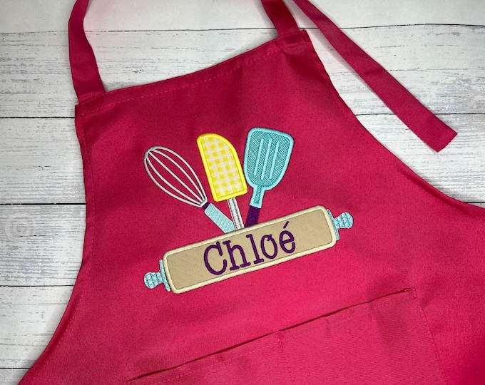 Girls/Boys Personalised embroidered Kids Pink apron - size 3-6 and 7-13 years - Little chef or child birthday gift - free shipping to canada