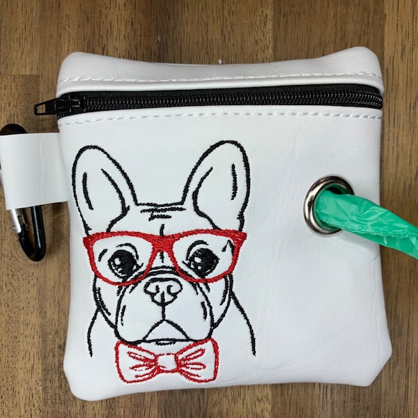 Bouledogue français à coutures noires avec lunettes et porte-sac à crottes à arc rouge - Distributeur de sacs à déchets pour animaux de compagnie - fait à la main - livraison gratuite au canada