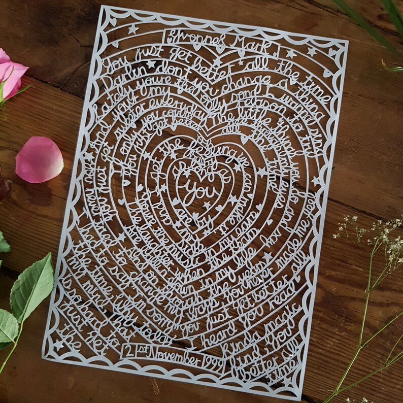 Bespoke Custom Paper Cut Lyrics for Wedding or Paper Anniversary ...