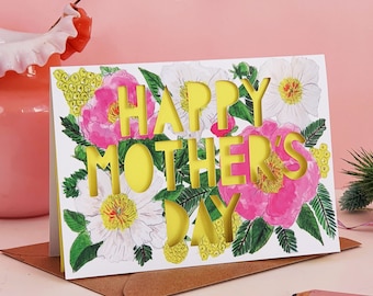 Mother's Day Card, Peony Floral Paper Cut Mother's Day Card, Mothers Day Card