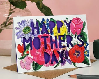 Bright Mother's Day Card, Bright Floral Paper Cut Mother's Day Card