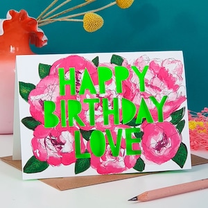 Feliz aniversário amor cartão de aniversário cortado em papel, cartão de aniversário para amigo, cartão de aniversário peônia, cartão de aniversário cortado em papel
