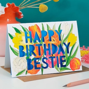 Cartão de aniversário com corte de papel de feliz aniversário, cartão de aniversário para melhor amigo, cartão de aniversário de tulipas, cartão de aniversário com corte de papel