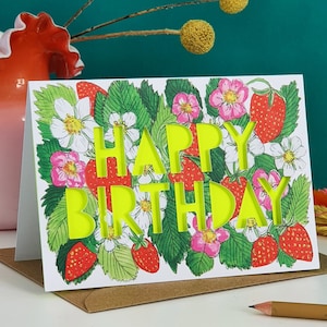 Alles Gute zum Geburtstag Papier geschnitten Blumen Erdbeeren Geburtstagskarte, Geburtstagskarte für Freund