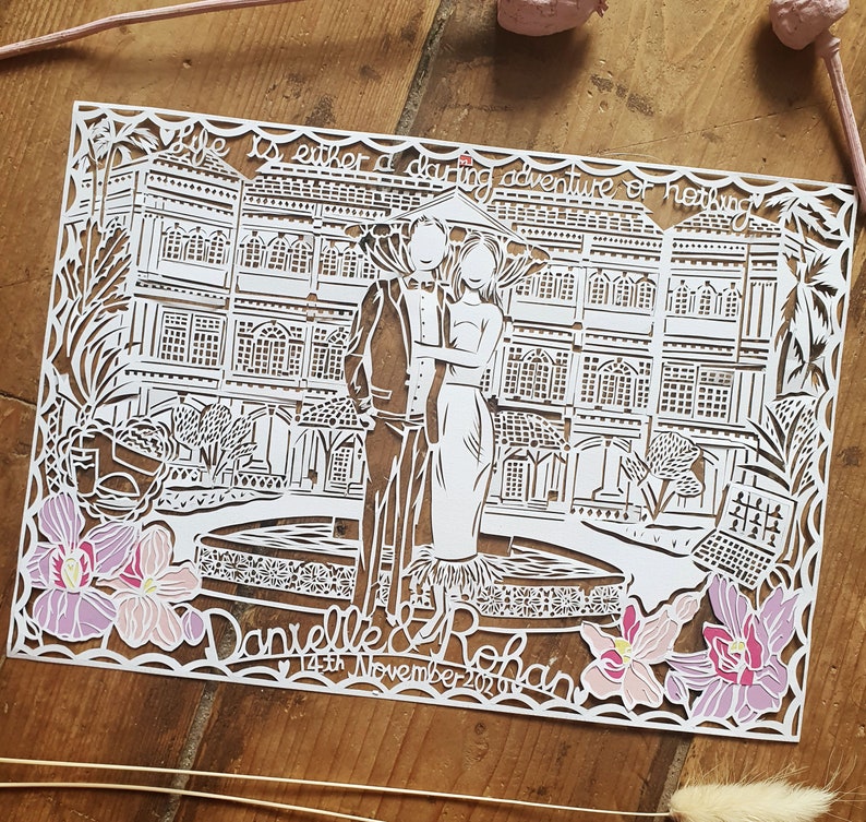 Personalised Wedding Paper cut, Paper Anniversary Paper cut, Hand drawn and Hand Cut Anniversary Paper Cut image 1