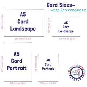 May include: A size guide chart titled Card Sizes- when flat/standing up, displaying four rectangular outlines labeled A5 Card Landscape, A6 Card Landscape, A5 Card Portrait, and A6 Card Portrait with dimensions in mm and inches, plus a Miss Bespoke Papercuts logo.