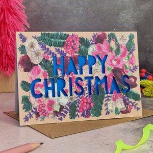 Tarjeta de Feliz Navidad, Tarjeta de Navidad cortada en papel, Tarjeta de Navidad de Neón
