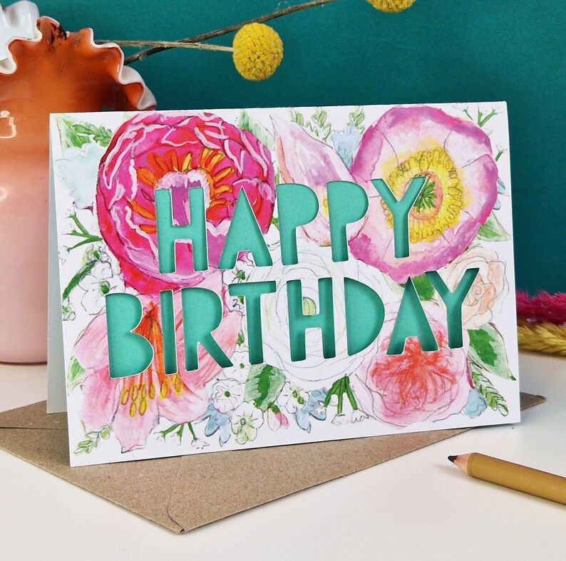 Spring Birthday Card, Paper Cut Birthday Card image 1