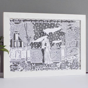 Personalised Wedding Paper cut, Paper Anniversary Paper cut, Hand drawn and Hand Cut Anniversary Paper Cut image 8