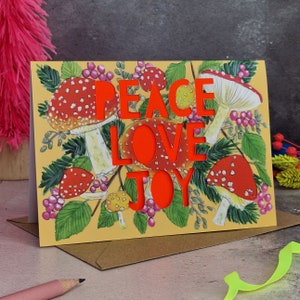 Peace, Love Joy Weihnachtskarte, Papierschnitt Weihnachtskarte, Pilz Weihnachtskarte