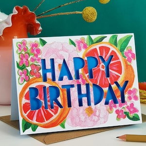 Wunderschöne Grapefruit Papierschnitt Blumen Geburtstagskarte, Geburtstagskarte für Freund
