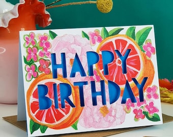 Gorgeous Grapefruit Paper Cut Floral Birthday Card, Birthday Card for Friend