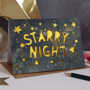 Kerstkaart sterrennacht, kerstkaart sterren, hemelse kerstkaart, kerstkaart papier gesneden