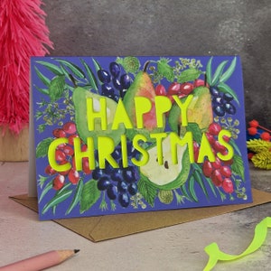 Biglietto di Pere di Buon Natale, Biglietto di Natale tagliato di carta, Biglietto di Natale al neon