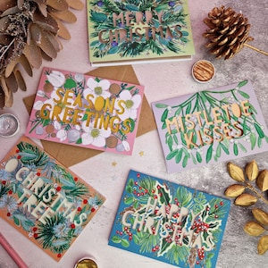 Metallic Bloemen Kerstkaart Pack, Kerstkaart 5 Pack, Kerstkaart 5 Set, Papercut Kerstkaarten, Luxe Kerstkaart Pack