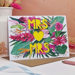 Lesbische Hochzeit Papierschnitt Hochzeitskarte, Mrs and Mrs Card, Lebenspartnerschaft, Tropische Hochzeitskarte