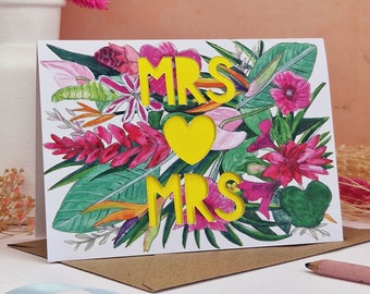 Lesbian Wedding Paper Cut Wedding Card, Mrs and Mrs Card, Civil Partnership, Tropical Wedding Card