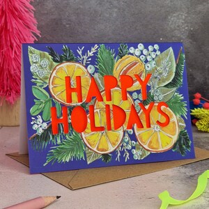 Biglietto di Natale Orangerie Buone Feste, Cartolina di Natale taglio carta, Cartolina di Natale Arance