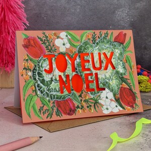 Tarjeta navideña Joyeux Noel, tarjeta navideña recortada en papel, tarjeta navideña de neón