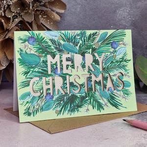 Carte de joyeux Noël Papercut, carte de Noël floral botanique, carte de Noël faite main de luxe