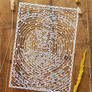 Testi di canzoni personalizzati su carta tagliata per matrimonio o anniversario di matrimonio, testi di canzoni personalizzati