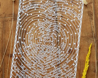 Bespoke Custom Paper cut Lyrics for Wedding or Paper Anniversary, Custom Song Lyrics