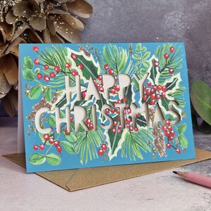 Joyeux Noël Holly Berry Card, Carte de Noël découpée en papier, Carte de Noël