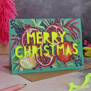 Carte de grenade Joyeux Noël, Carte de Noël grenade, Carte de Noël découpée en papier, Carte de Noël au néon