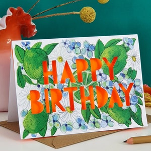 Cartão de aniversário floral limão recortado em papel, cartão de aniversário para amigo