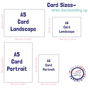 May include: Diagram showing the different sizes of A5 and A6 cards in landscape and portrait orientations. The measurements are shown in both millimeters and inches.