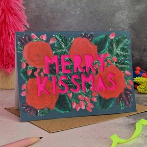 Merry Kissmas Christmas Card, Neon Floral Christmas Card, Maximalist Christmas Card, Christmas Card for Wife