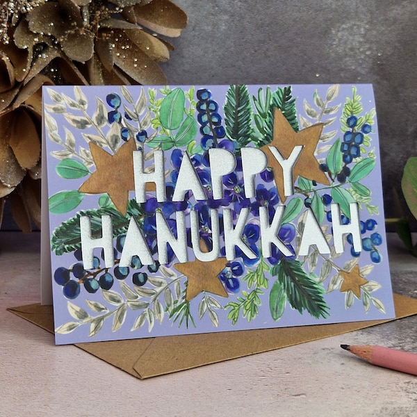 Hanukkah Card,  Botanical Hanukkah Card, floral Hannukah Card, Happy Hanukkah Card