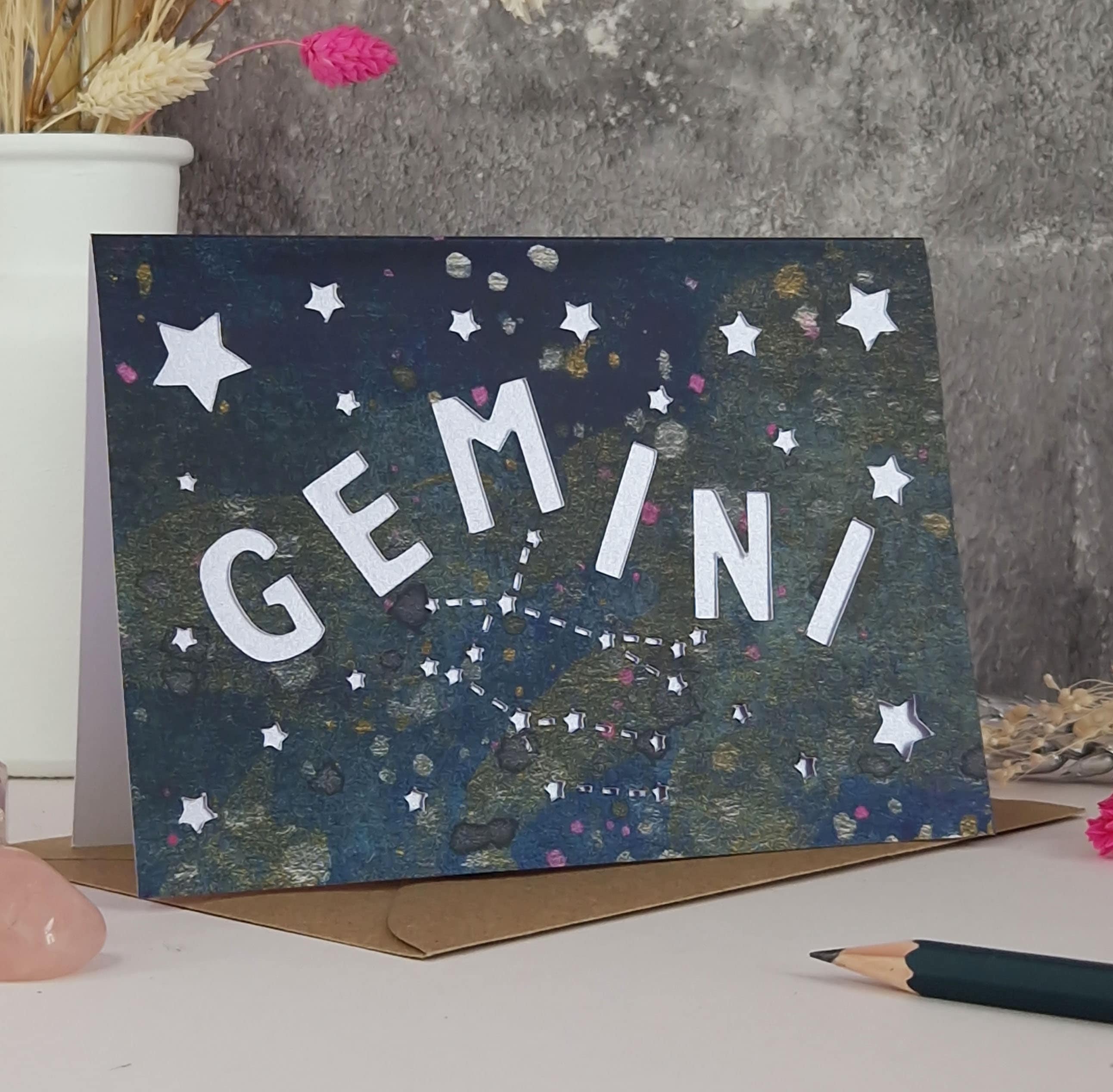 Gemini Card,  Gemini Papercut Card, Zodiac Print Card