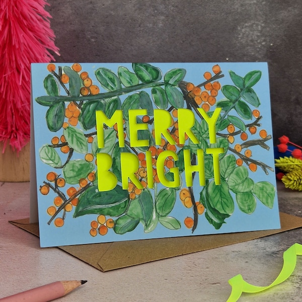 Merry Bright Christmas Card, Neon Floral Christmas Card, Botanical Paper Cut Christmas Card