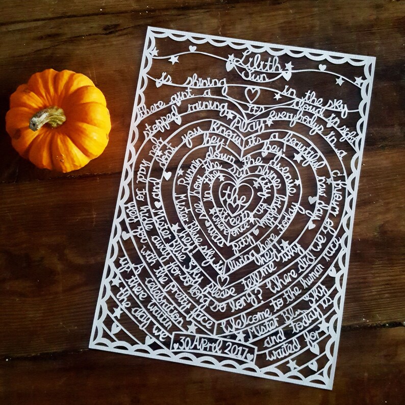 Bespoke Custom Paper Cut Lyrics for Wedding or Paper Anniversary ...