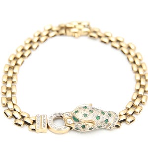 14k Diamond Emerald Leopard Bracelet