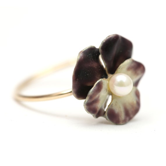 14k Lifelike Enamel Pansy Ring Gem
