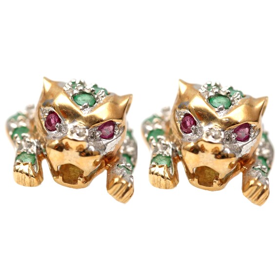 14k Diamond Emerald Leopard Earrings