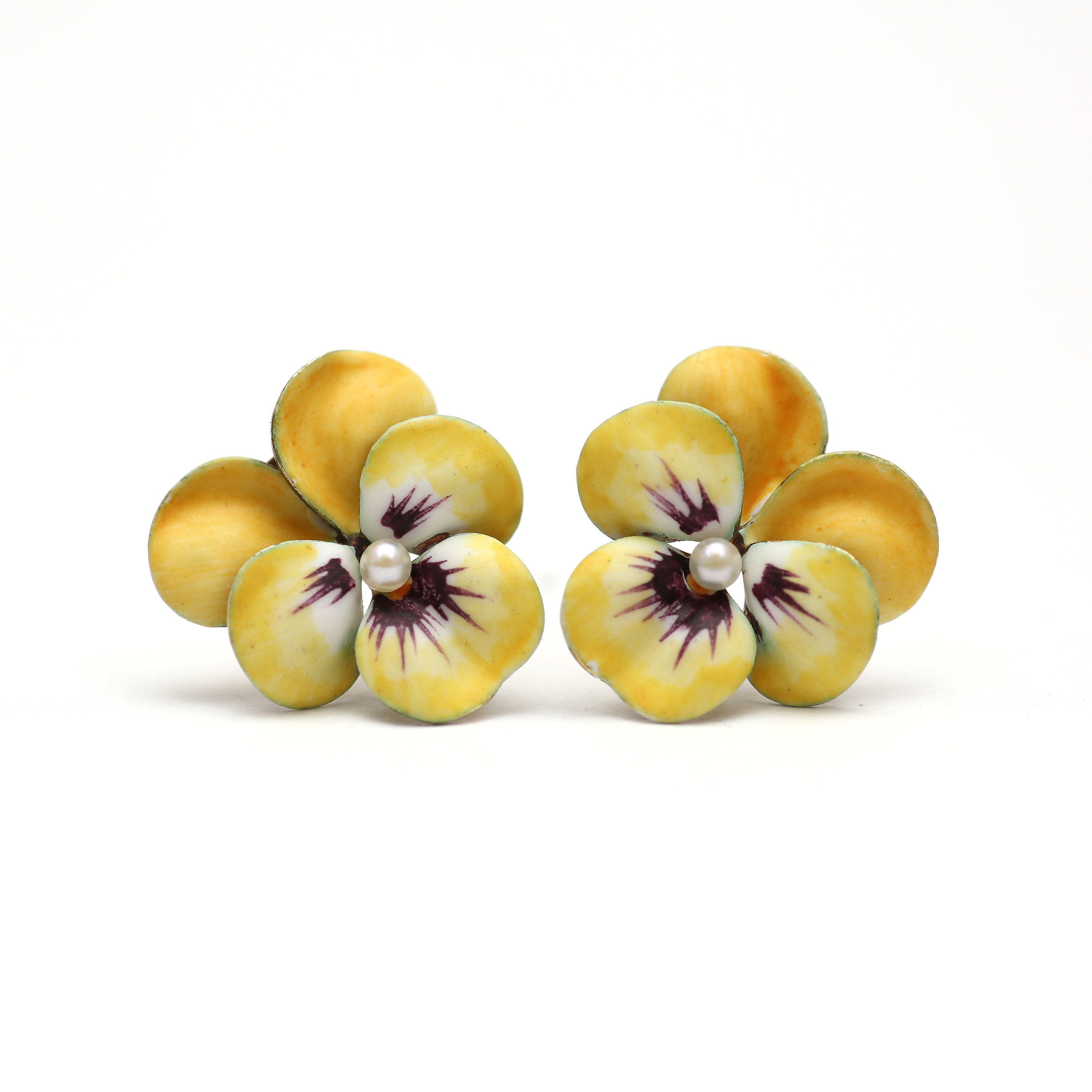 14k Large Yellow Enamel Pansy Earrings Etsy