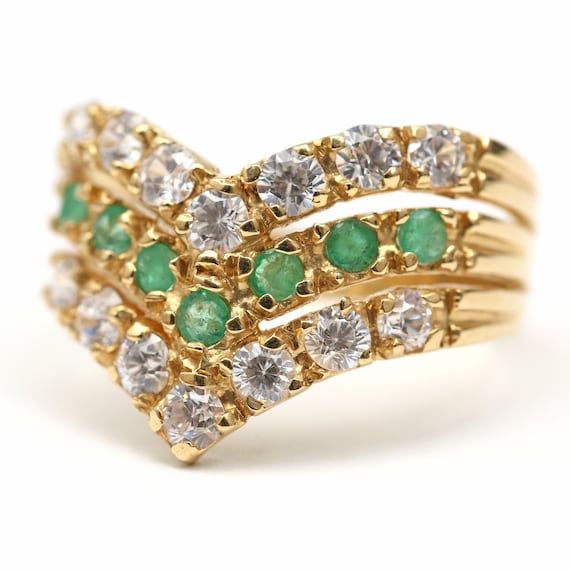 18k Diamond Emerald Chevron Ring - image 2