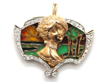 14k/18K Plique-à-Jour Art Nouveau Pendant