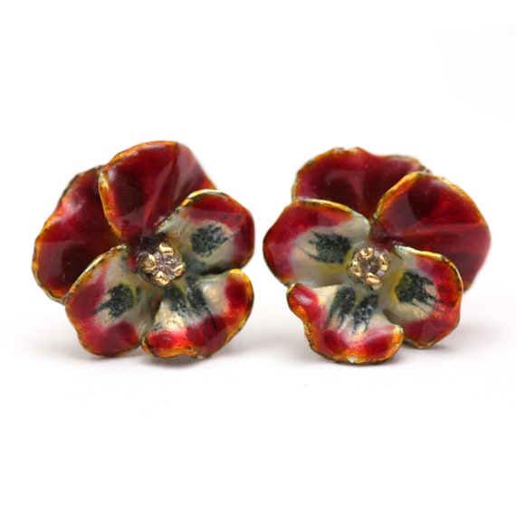 SOLD TO K***14k Red Enamel Diamond Pansy Earrings