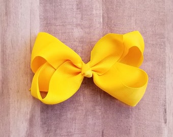 Yellow Hair Bow/ 4 inch/ 62 colors/ Grosgrain Bow Clips, Grosgrain Hair Bows, 4" Ribbon Bow, Grosgrain Ribbon, Toddler Bow Clip, hair clip